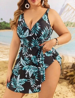 Black & Turquoise Tropical Leaf Tankini Top & Bottoms - Size 4XL - Shein - New - Image 1 of 4