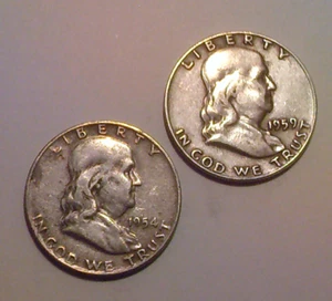 Lot of Two Franklin Half Dollar Coins, 90% Silver, 1954-D and 1959-D - Picture 1 of 6