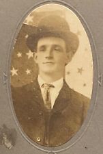 Antique Cabinet Card PHOTO Young Man Hat w/Patriotic Bunting Stars Peace Symbol?