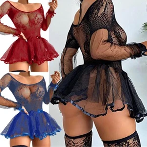 Women Lace Embroidery Mesh See Through Tulle Skirt Mini Dress Lingerie Nightwear - Picture 1 of 35