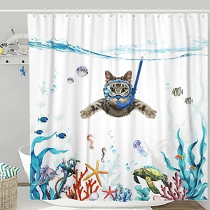 Funny Cat Shower Curtain Set Teal Blue Sea Ocean Waterproof Fabric Shower Curtai - Picture 1 of 12