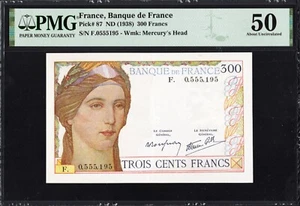 France 300 Francs P87 1938 PMG50 aUNC Banknote French Currency BEAUTIFUL RARE - Bild 1 von 2