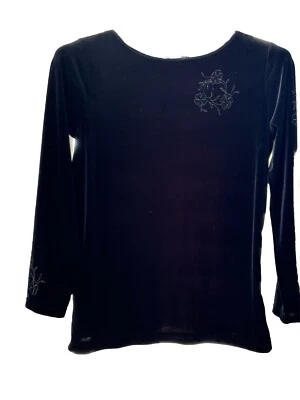 LIZ CLAIBORNE M женщин эластичной поли бархата блузка блестящий цветочный вышивка черный - Изображение 1 из 4