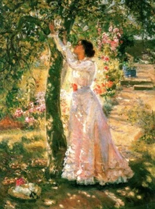 Tarjeta de felicitación interior en blanco vestido victoriano dama The Garden Ethel Walker - Imagen 1 de 2