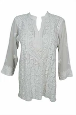 Boho Gypsy Hippy Tunic Dress White Floral Hand Embroidered Blouse Summer Style 