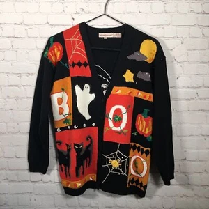 Womens Halloween Cardigan Sweater Lauren Hansen S Candy Corn Ghost Black Cats - Picture 1 of 8