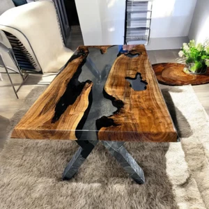 Handmade Clear Epoxy Resin Dining Table Top Natural Acacia Wood Table Top Decor - Picture 1 of 10