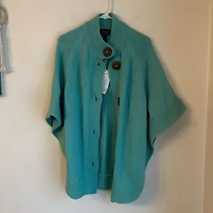 Poncho scialle donna puro lavorato a mano blu acqua maglia bottoni grandi taglia unica nuovo con etichette! - Foto 1 di 7