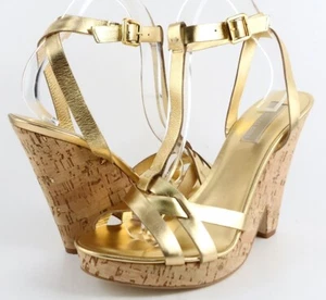 $425 MICHAEL KORS TRELLIS Gold Leather Designer ITALY Wedge T-strap Sandals 10 - Picture 1 of 4