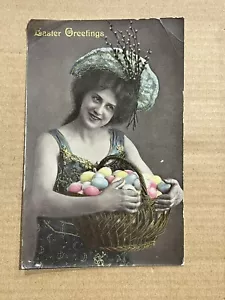 Easter Eggs Basket Lady Woman Arnochrom Vintage Postcard Soxony - Picture 1 of 3