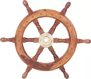 ShipWheel 18" Teak Wood Ship Wheel with Brass Inset and Six Spokes, Brown & Gold - Picture 1 of 6