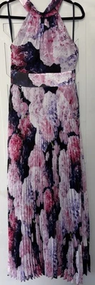 Eliza J Pink Floral Pleated Gown – Full Length Halter Tie Neck Dress – Size 10 - Image 1 of 4