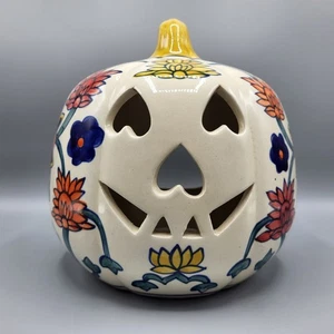 Martha Stewart Jack O Lantern Candle Holder Tea Light Ceramic Pumpkin Floral 9" - Picture 1 of 14