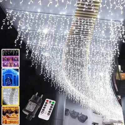 Lichterkette Außen Innen 200/1800 LED Eiszapfen Eisregen Weihnachten Strom Deko - Bild 1 von 4
