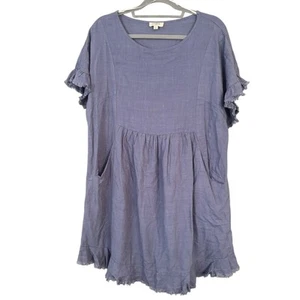 Umgee Shortsleeve Linen Dress L Raw Hem Boho Blue Light Airy Lagenlook Boho - Picture 1 of 10