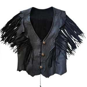 Unikat Damen Boho Fransen Leder Western Biker schwarz Weste - Bild 1 von 12