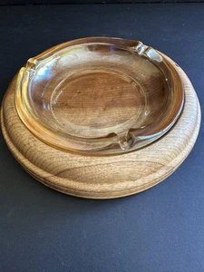 Vtg 6” Carnival Glass Ashtray Walnut Wood Base 1970 - Picture 1 of 13