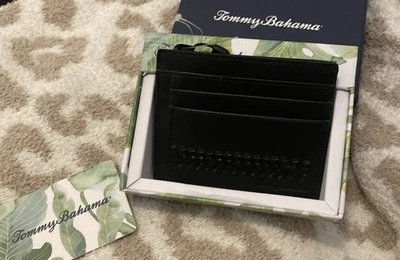 Tommy Bahama Hombres Detalle de Cordones Delgado Cuero Tarjetero Cartera en Negro Nuevo en Caja Foto 1 de 4