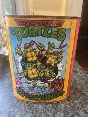 Vtg 1989 Teenage Mutant Ninja Turtles TMNT Metal Tin Trash Can Wastebasket 80s - Image 1 of 4