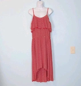 No Boundaries Sun Dress Juniors XL Red Stripe Ruffle High Low Hem Stretch Knit  - Picture 1 of 14