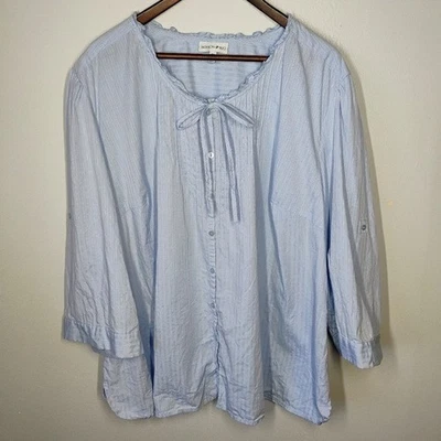 Top de moda con botones azul Plus 4X manga con lengüeta enrollable campesino Cottagecore Foto 1 de 4