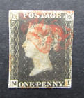 GREAT BRITAIN - 1840 PENNY BLACK  - 3 MARGINS - RED MX -LETTERS M.I