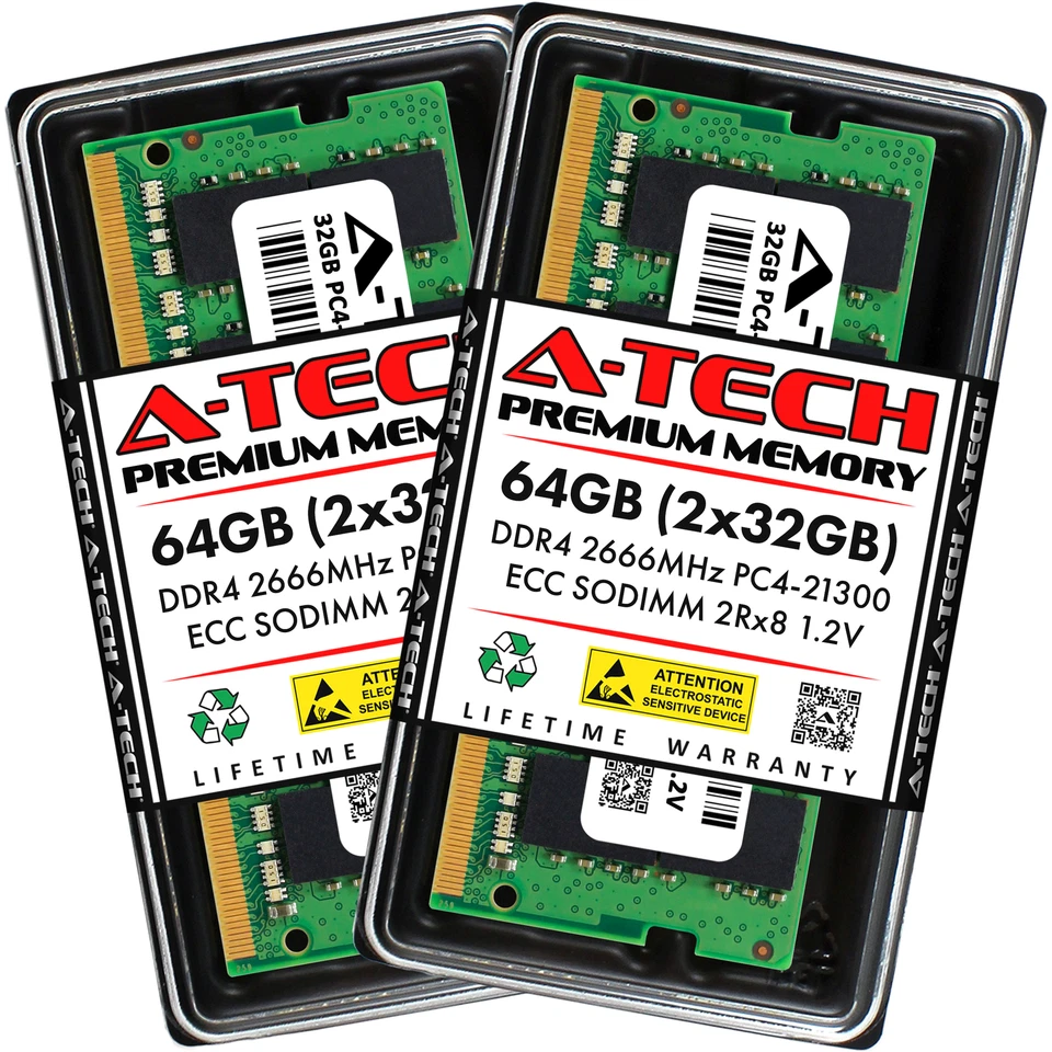 A-Tech 64GB 2x 32GB 2Rx8 PC4-21300 DDR4 2666MHz ECC UNB SODIMM Server Memory RAM - Image 1 of 4