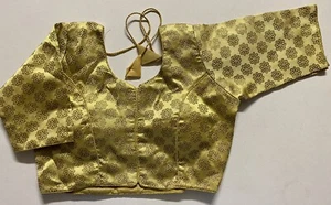 NEW Readymade Designer Sari Blouse beige GOLDEN BROCADE SLEEVES DORI 36"-USA - Picture 1 of 7