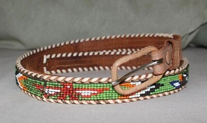 Vintage Beaded Tooled Leather Souvenir Belt Sz 34 Thunderbird Multi-Color(Green) - Picture 1 of 13