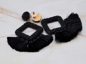 Black Tassel Statement Earrings - Picture 1 of 3