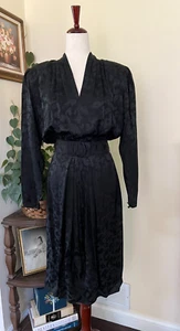 Oleg Cassini Vintage 80s Black Silk Long Sleeve Dress sz 12 - Picture 1 of 15