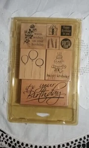 Vintage Wood Mounted Rubber Stamps Birthday Theme set of 8 - Picture 1 of 6