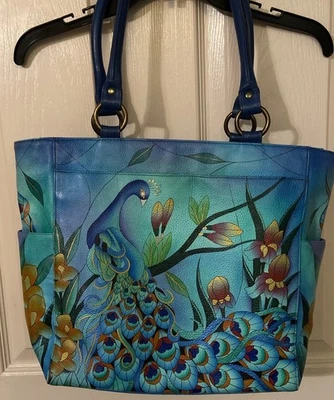 Anuschka Hand Painted Leather Midnight Peacock Large Tote Purse Satchel Handbag - Image 1 of 4