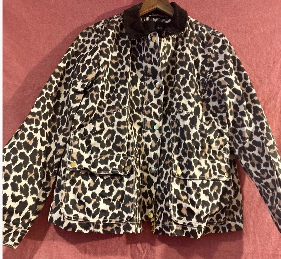 Chaqueta de algodón encerado estilo Barbour con cuello de pana estampado de leopardo J Crew mediana Foto 1 de 4