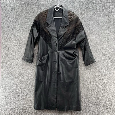 VTG 80s Jacqueline Ferrar Coat Women Small Black Leather Trenchcoat Big Shoulder - Image 1 of 4