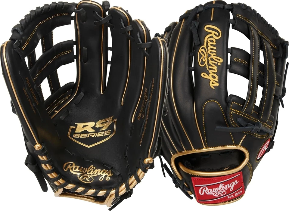Rawlings R9 12.75" Outfield Baseball Glove - Trap-Eze Web RHT - R96019BGFS Black
