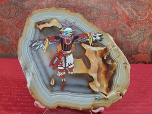 Vintage Kachina Tänzerin handgemalt auf brasilianischer Fensterachatplatte Künstler signiert - Bild 1 von 5