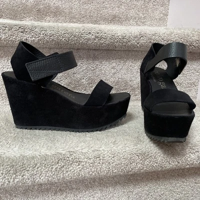 Pedro Garcia Plataforma Cuña Cuero Negro Gamuza Tacones Talla 7 Tobillo Correa Punta Abierta Foto 1 de 4