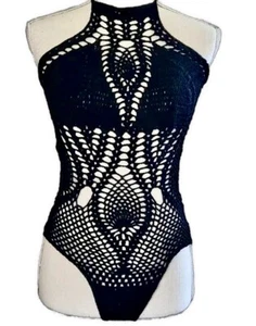 Charlotte Russe Cotton Black Knit Crocheted cutouts Bodysuit Size S EUC - Picture 1 of 10