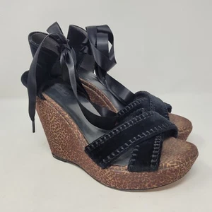 Stuart Weitzman Sandals 9 Cheetah Animal Print Wedge Platform Velvet Ankle Ties - Picture 1 of 10