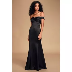 NWT LULUS Adored Forever Black Satin Off-the-Shoulder Maxi Dress Size Small - Picture 1 of 12