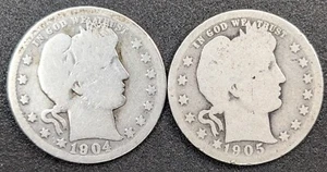 Bonitas monedas limpias de cuarto de plata de barbero Better Date 1904-O y 1905 EE. UU. 25C - Imagen 1 de 2