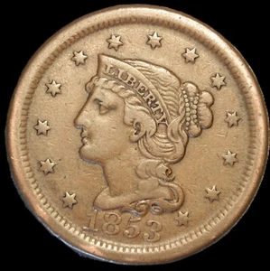 1853 1C BN Braided Hair Cent - au / svn733 - Picture 1 of 2