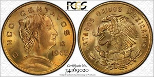 MEXICO ESTADOS UNIDOS 1965 5 CENTAVOS COIN PCGS CERTIFIED GEM UNCIRCULATED MS66 - Picture 1 of 3