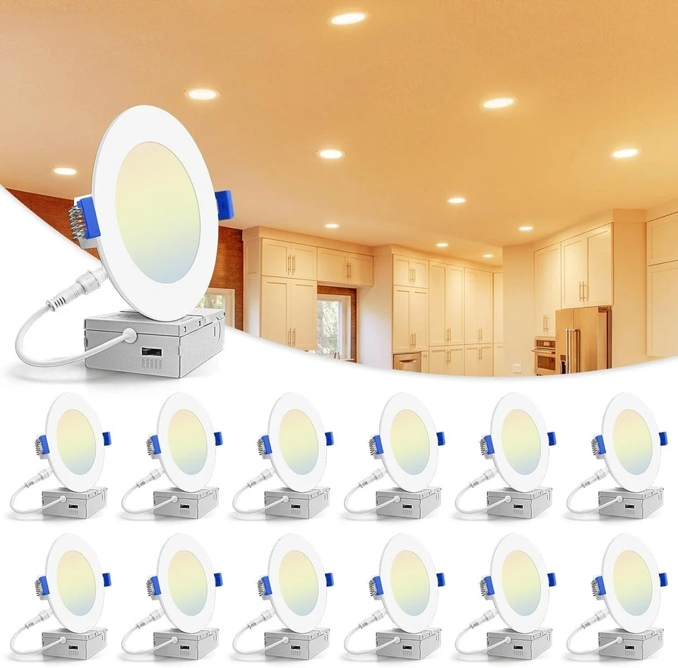 12 Pack 4 Inch 6 Inch 5CCT Ultra-Thin LED Recessed Ceiling Light Junction Box - Image 1 of 4