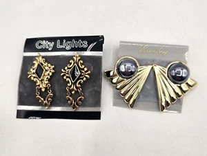 Pair Mixed 1980s Lot Pierced Earrings Metal Dangle Grey & Black Gold & Antiqued - Picture 1 of 3