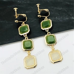 CLIP ON Vintage Style Long Drop Earrings Green Resin Stone Gold Tone NON-PIERCED - Picture 1 of 3