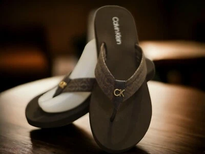 NEW WOMEN'S CALVIN KLEIN DARK BROWN WEDGE FLIP FLOP SANDAL CALORA-T 6,8,9,10 - Image 1 of 4