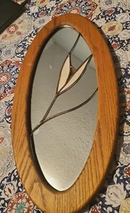 SOLID OAK Vintage Ornate Oval Wall MIRROR With Stained Glass Insert! - Picture 1 of 5