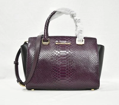 Новый с Ярлыками Michael Kors средний Selma змея тисненой кожи сумка в Дамсон / черный - Изображение 1 из 4